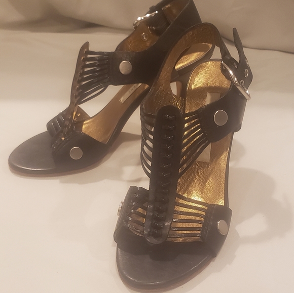 Cynthia Vincent strappy stiletto pump open toe size 7 black leather - Picture 3 of 8